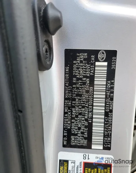 2013 Toyota Avalon Base z USA, uszkodzony, nr VIN 4T1BK1EB1DU053299